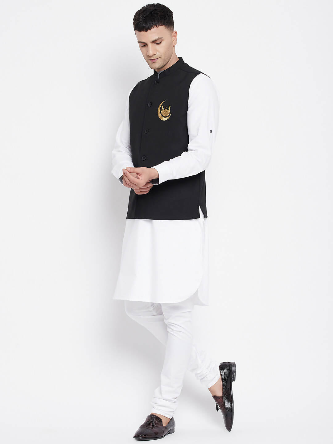 Even Apparels Black Pure Cotton Nehru Jacket With Eid Insignia NJ-PW668-CHA 