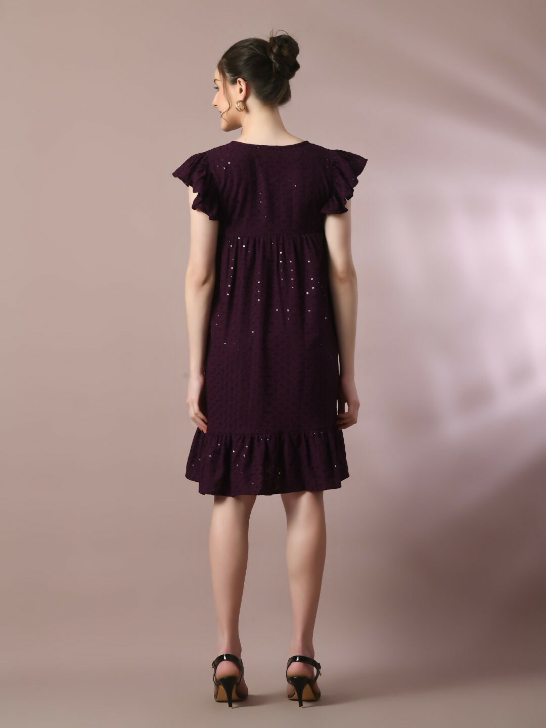 Myshka Women's Violet Embroidered Cotton Round Neck A-Line Party Dress