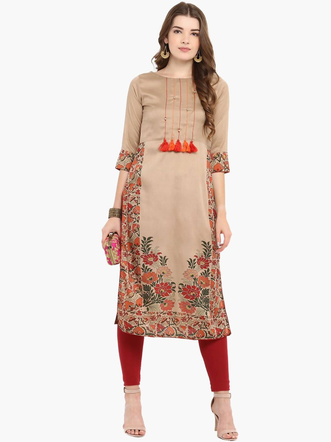 Janasya Women Brown Printed Straight Kurta