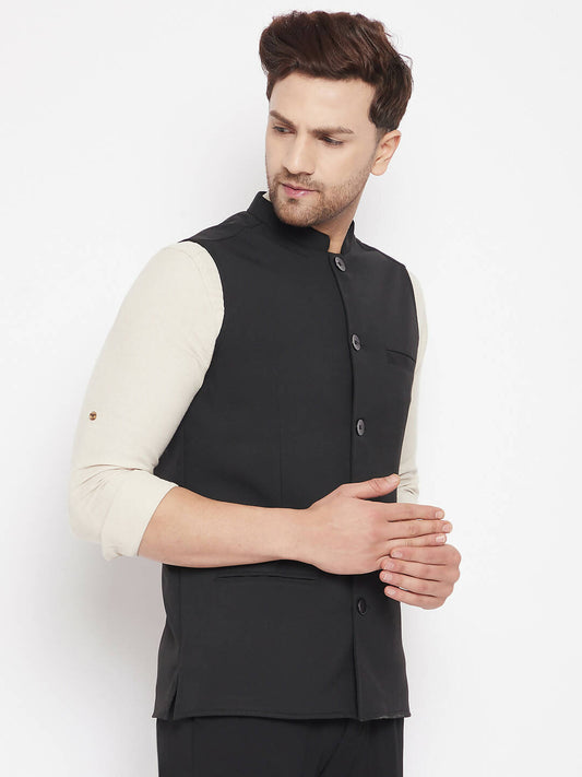 Even Apparels Black Merino Men Woven Nehru Jacket PW668 