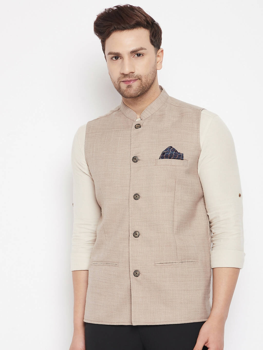 Even Apparels Cream Linen Men's Nehru Jacket-Contrast Lining-Inbuilt Pocket Square 