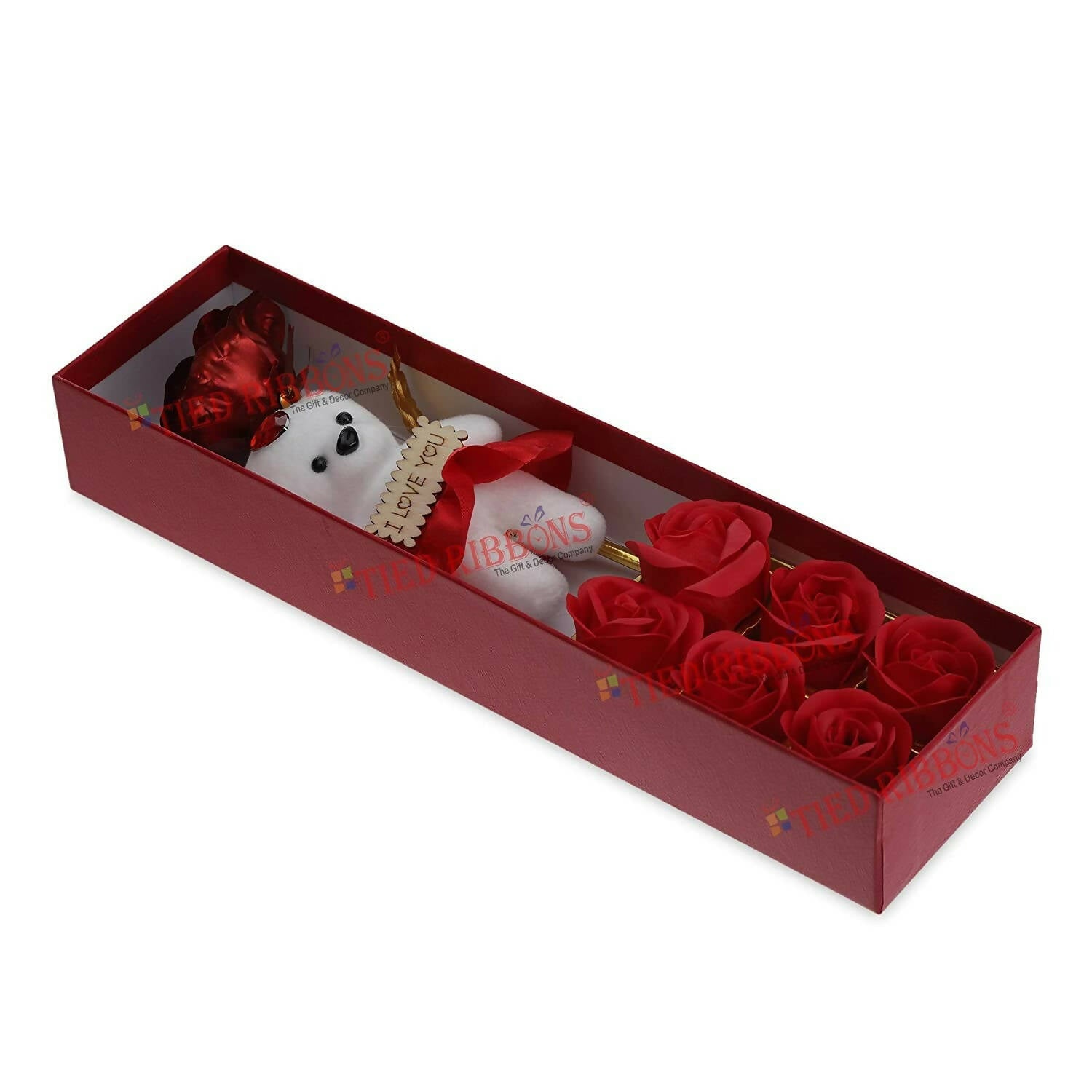 Tied Ribbons Rose Flower Artificial With Teddy - Valentines Day Gift Box 