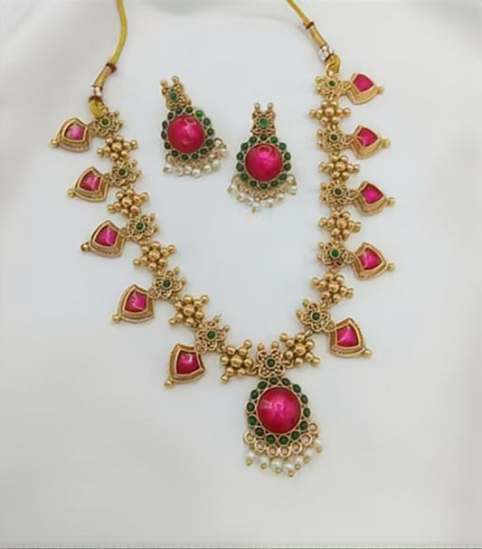 Jewel City Traditional Gold-Plated Temple Jewelry Necklace Set with Matching Earrings, Handcrafted Ethnic Bridal Party Wear | Grab2Buy