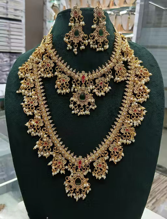 Jewel City Royal Kundan Bridal Necklace Set with Earrings | Multi-Layered Gold-Plated Pearl & Stone Indian Wedding Jewelry for Women | Grab2Buy