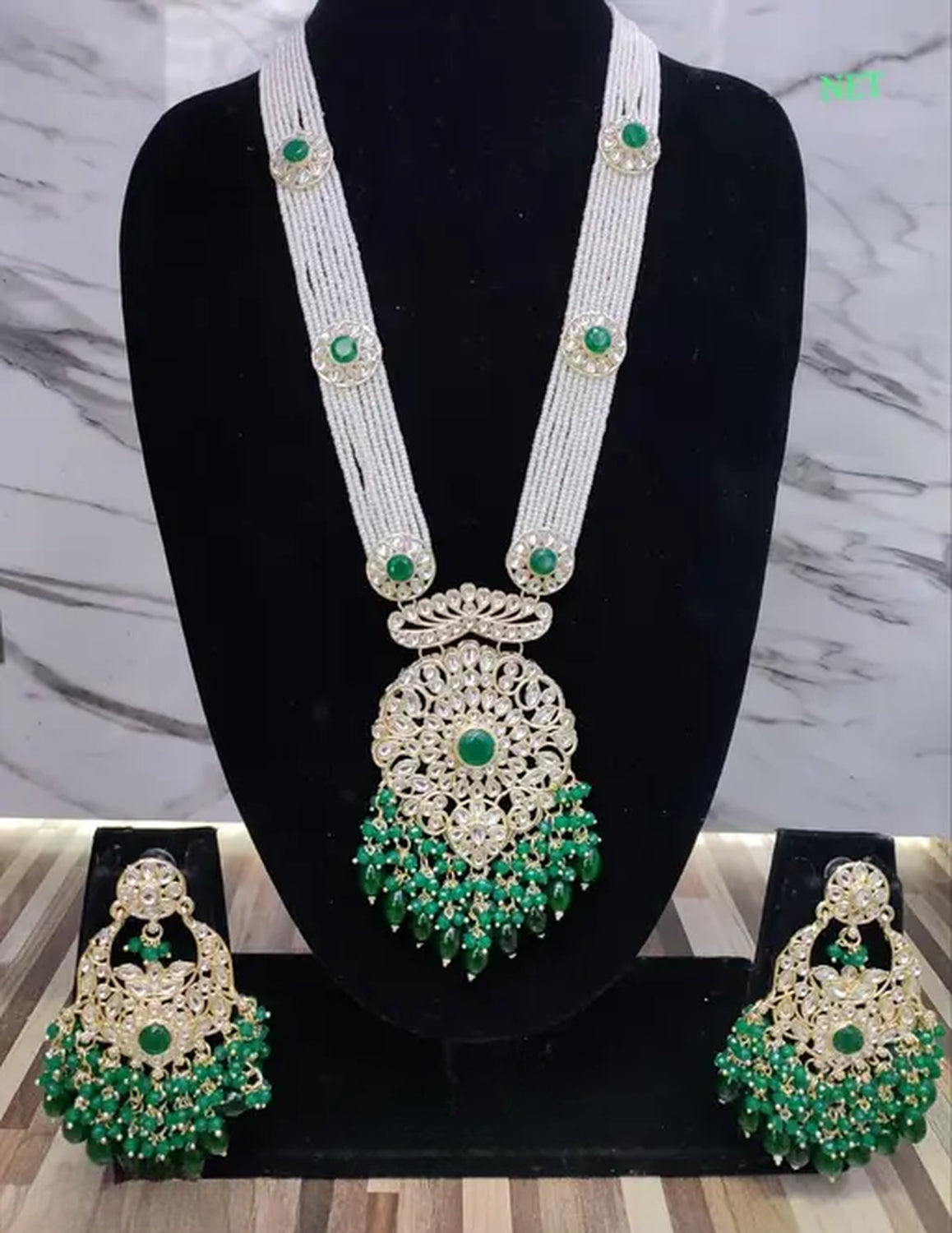 Jewel City Emerald Green Beaded Kundan Necklace Set with Matching Chandelier Earrings Traditional Indian Wedding Jewelry Collection | Grab2Buy