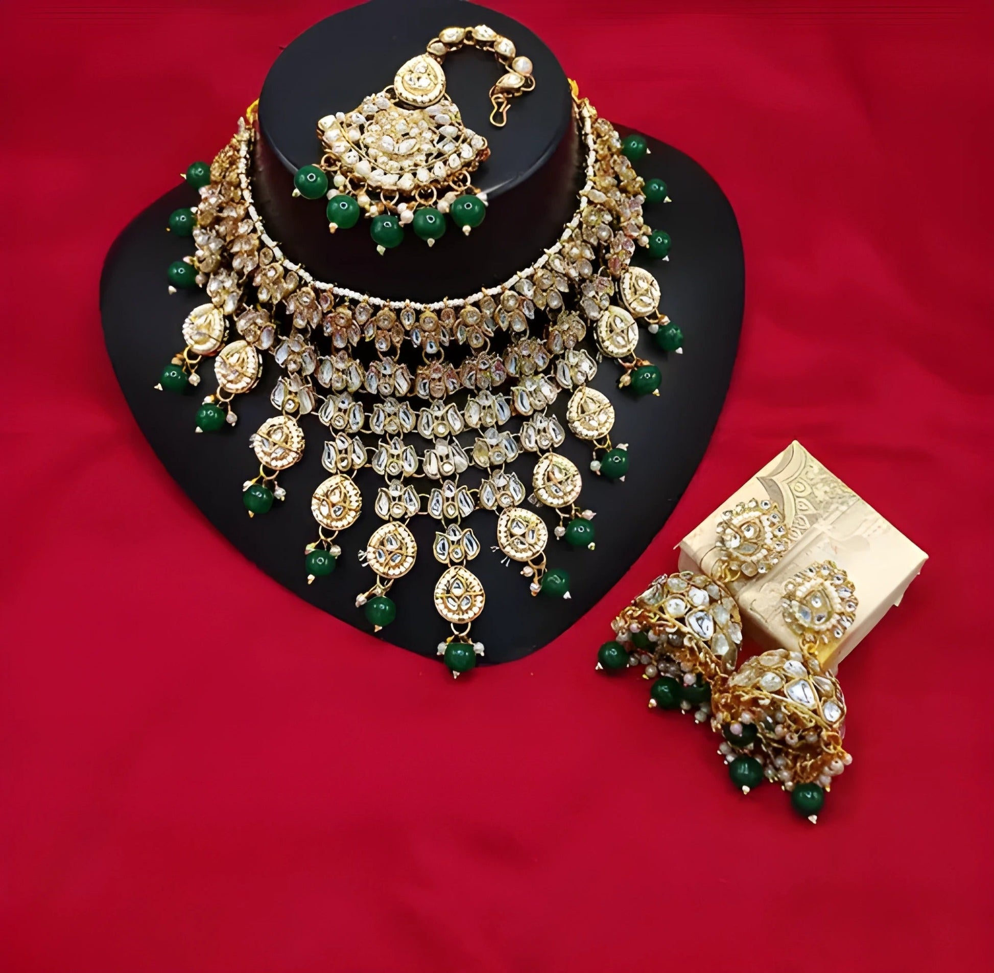 Jewel City Kundan Choker Necklace Set with Maang Tikka & Jhumka Earrings - Traditional Indian Bridal Jewelry Collection Gold-Plated | Grab2Buy