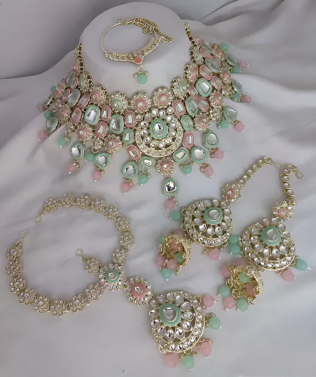 Jewel City Elegant Polki Kundan Bridal Set with Necklace, Earring & Mathapati-Handcrafted Indian Wedding Jewelry with Pearl Accents | Grab2Buy