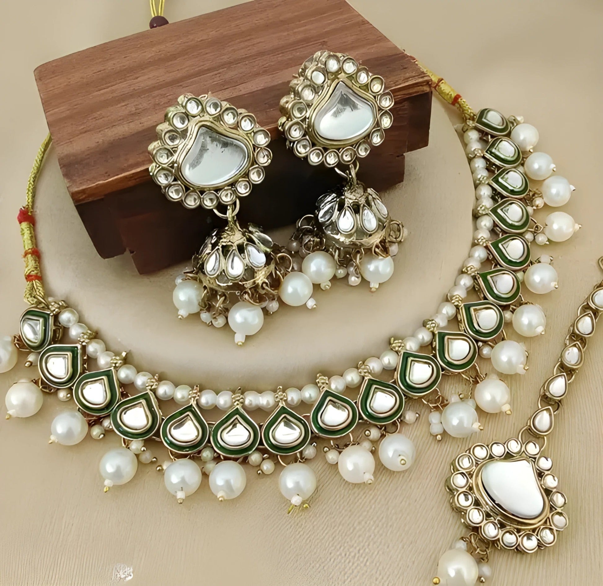 Jewel City Vintage Kundan Pearl Necklace Set with Green Meenakari-Traditional Gold-Plated Indian Jewelry with Earrings & MaangTikka | Grab2Buy
