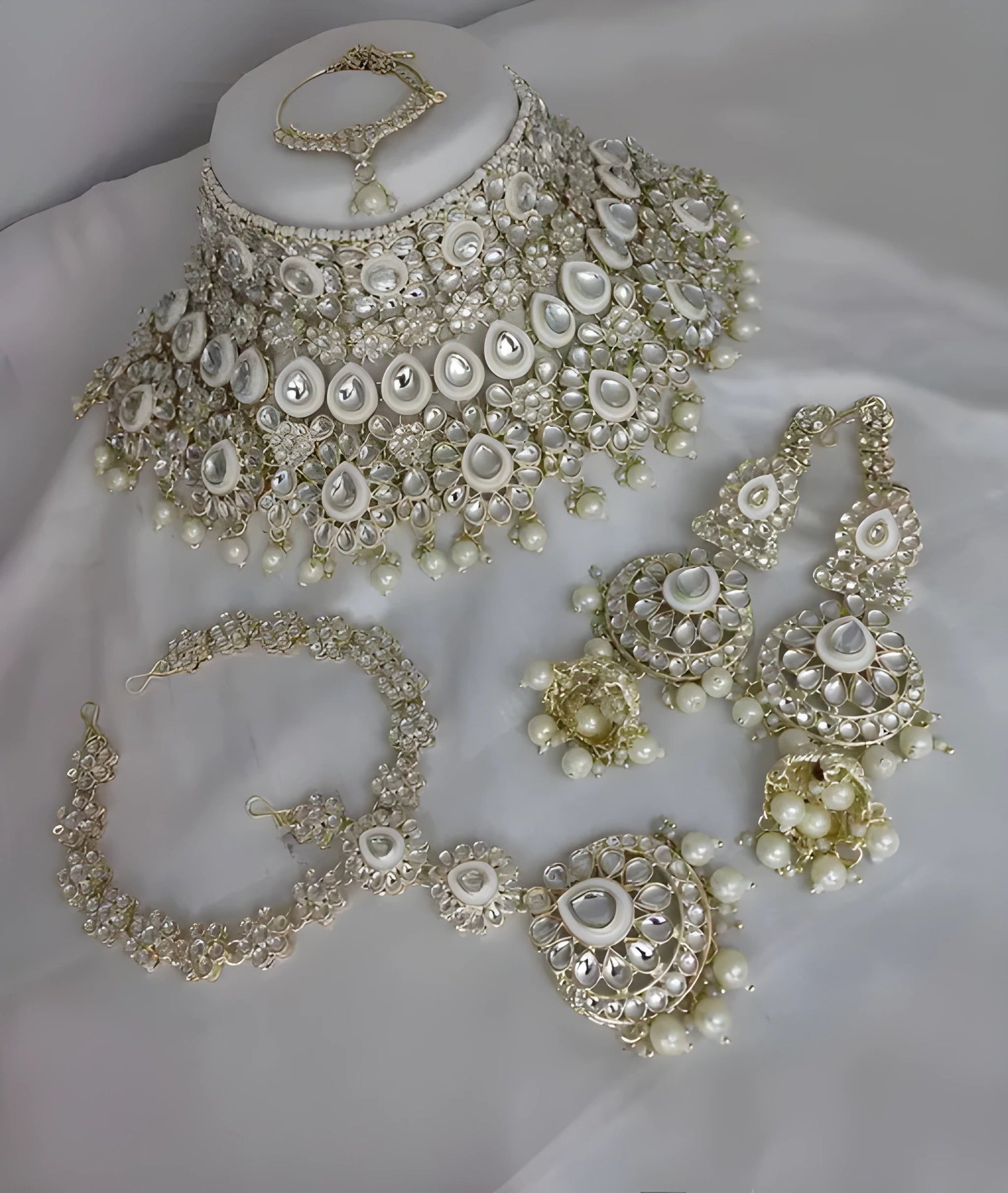 Jewel City Luxurious White Kundan Bridal Set - Complete Semi Wedding Jewelry Collection with Pearl Embellishments 