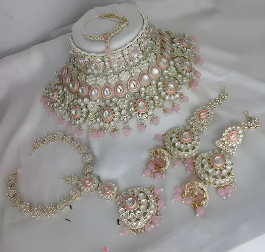 Jewel City Luxurious Rose Quartz Kundan Bridal Set - Complete Semi Wedding Jewelry Collection with Pearl Embellishments 