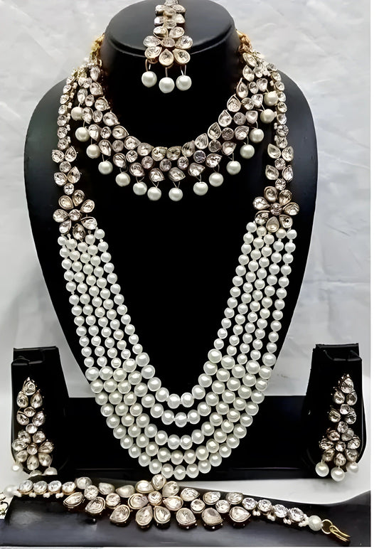 Jewel City Kundan Pearl Bridal Jewelry Set-Traditional Gold-Plated Indian Wedding Necklace Set with Earrings, MaangTikka & Bracelet | Grab2Buy