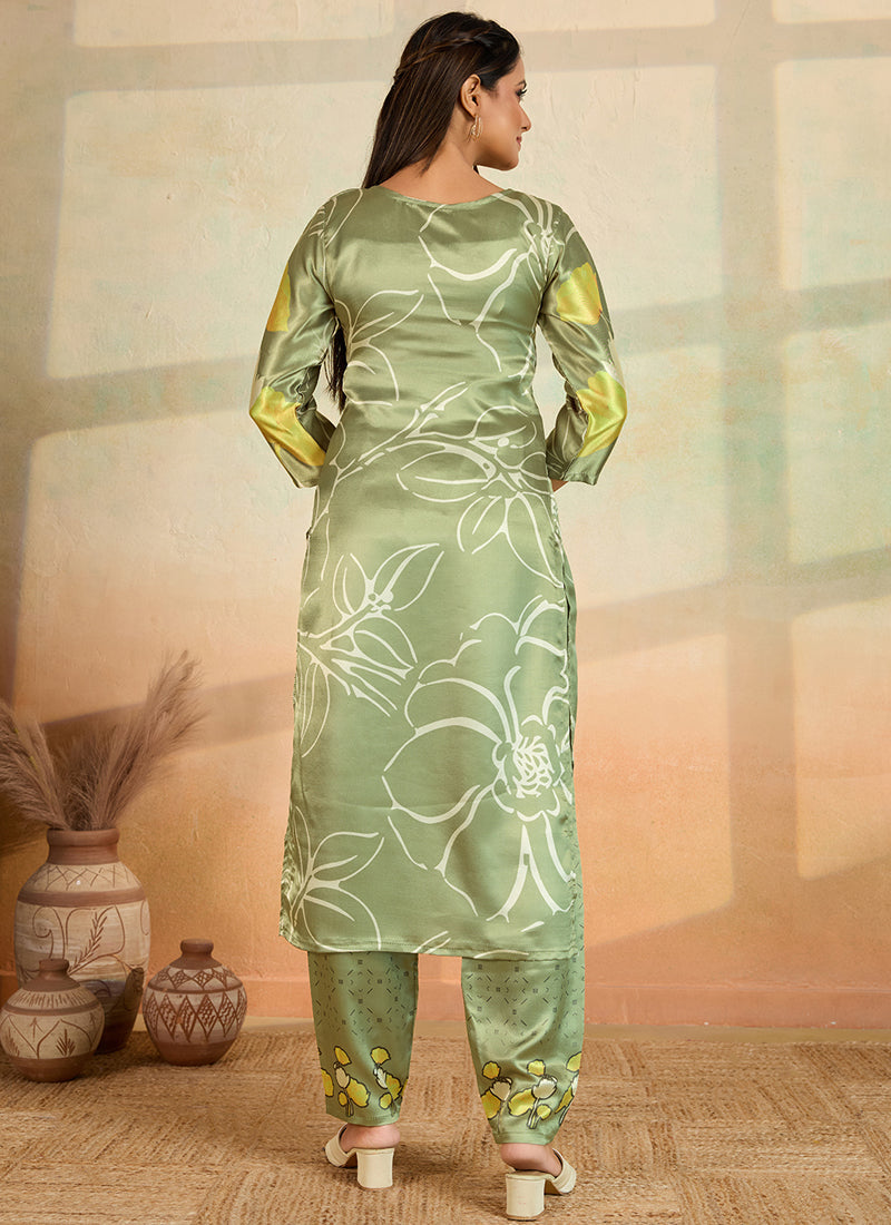 Prazu Fashion Mahendi Green Printed Cotton Reyon Kurta Pant Set