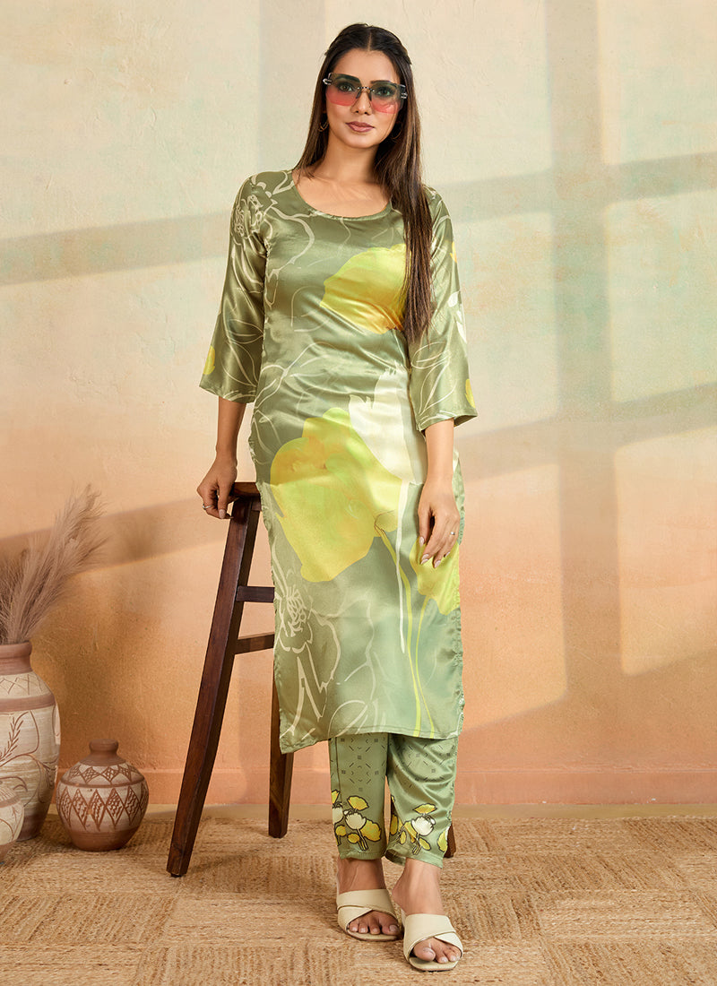 Prazu Fashion Mahendi Green Printed Cotton Reyon Kurta Pant Set