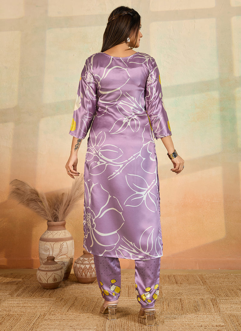 Prazu Fashion Light Lavender Printed Cotton Reyon Kurta Pant Set