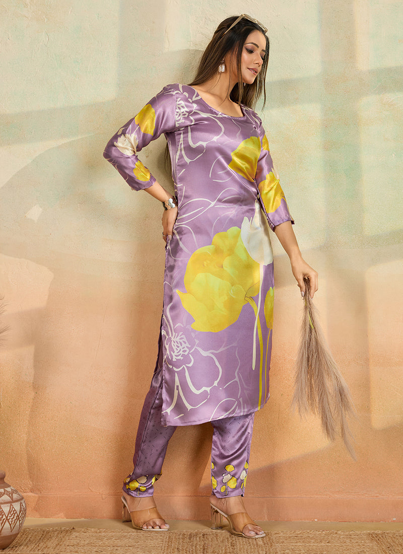 Prazu Fashion Light Lavender Printed Cotton Reyon Kurta Pant Set