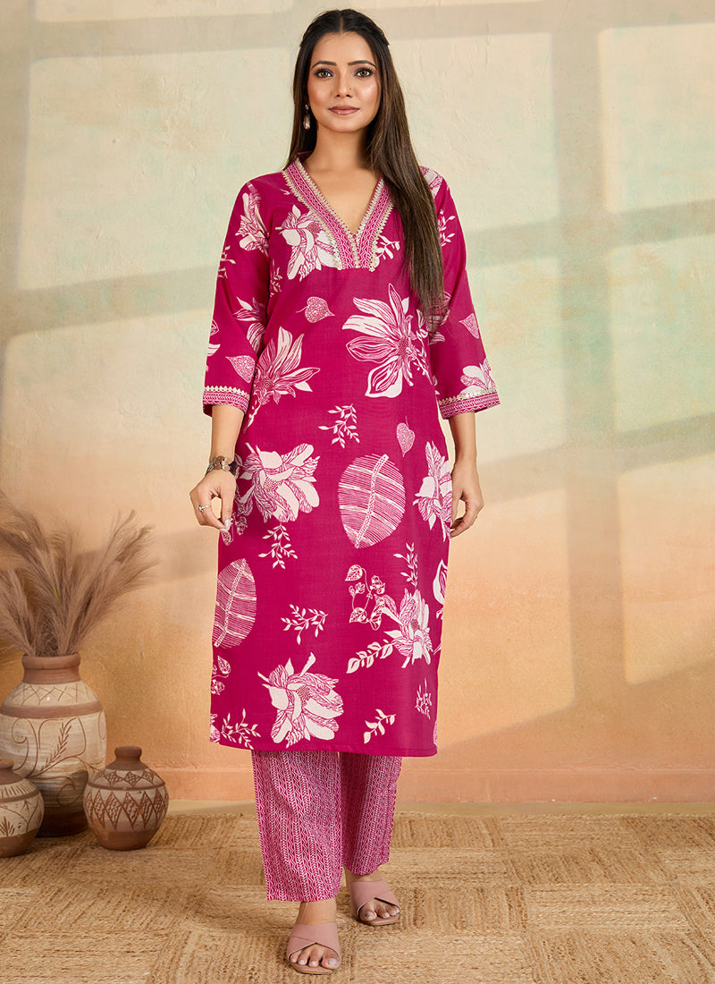 Prazu Fashion Pink Printed Cotton Blend Kurta Pant Set
