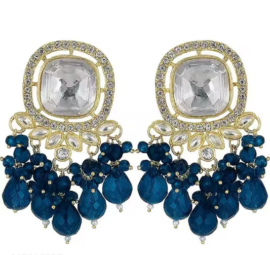 Jewel City Traditional Gold-Plated Kundan Earrings with Blue Beads – Handcrafted Ethnic Dangler Jewelry – Wedding & Party Wear | Swadesiicart