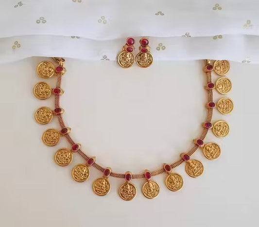 Jewel City Temple Coin Necklace Set – Traditional Gold-Plated Lakshmi Design – South Indian Ethnic Jewelry Set | Grab2Buy