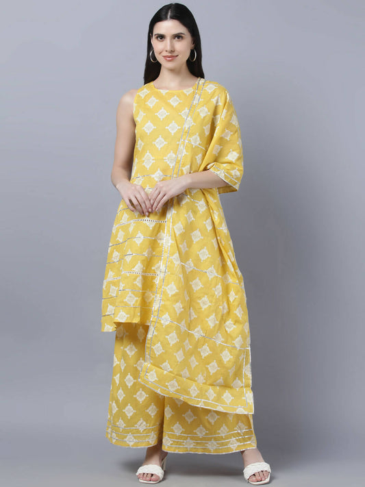 Myshka Women Yellow Floral Pure Cotton Kurti with Palazzos With Dupatta
