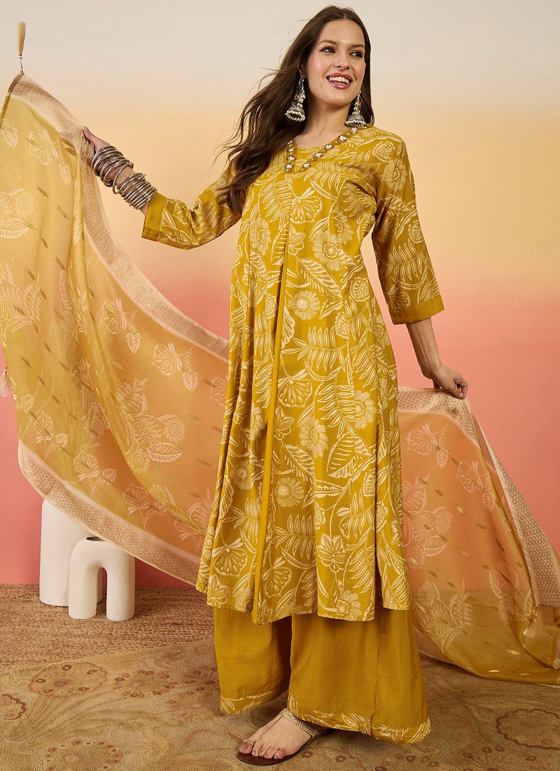 Vegaa Fashion Yellow Roman Silk Embroidered Palazzo Suit | Grab2Buy
