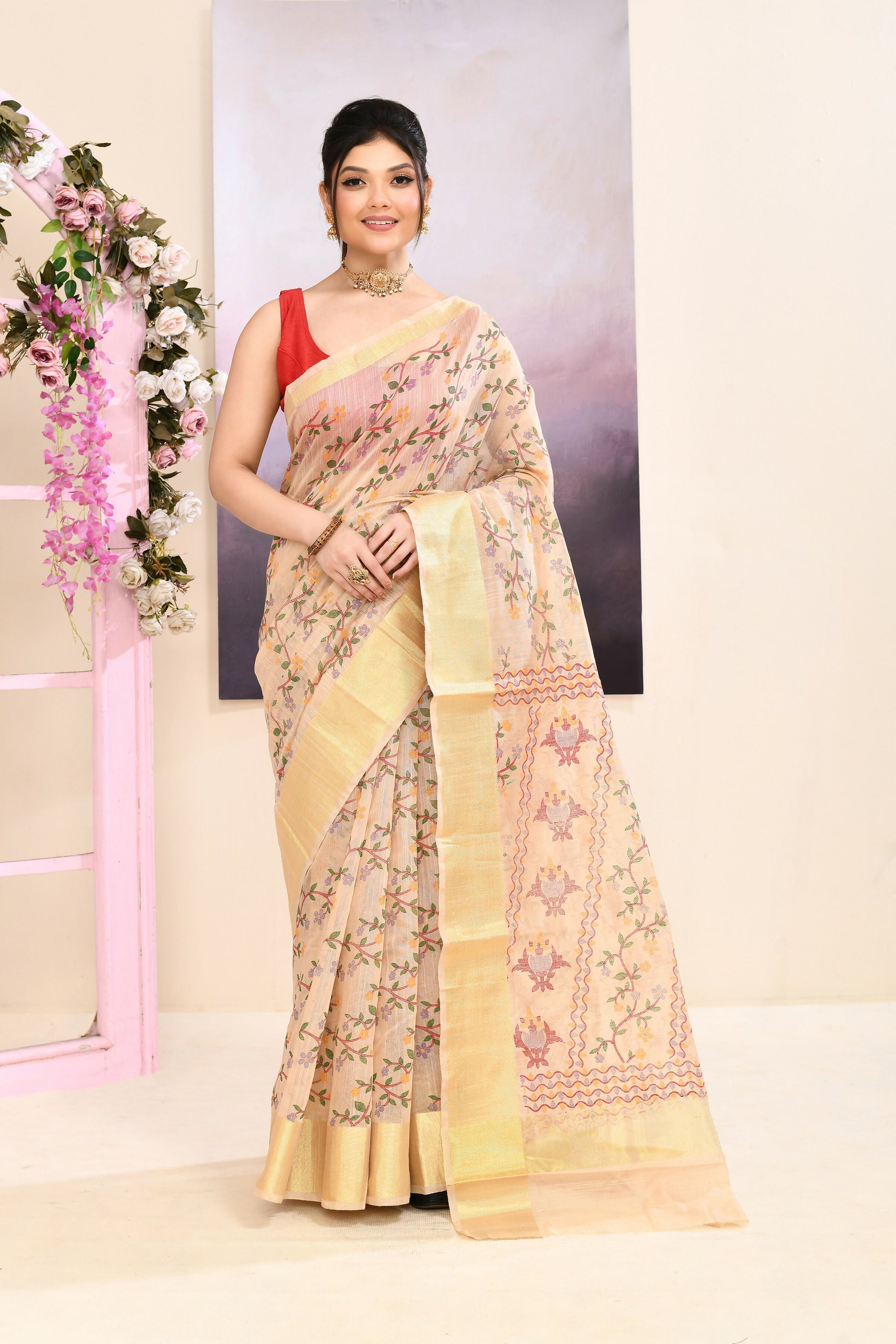 Piyari Fashion Women's Beige Embellished Cotton Blend Printed Saree