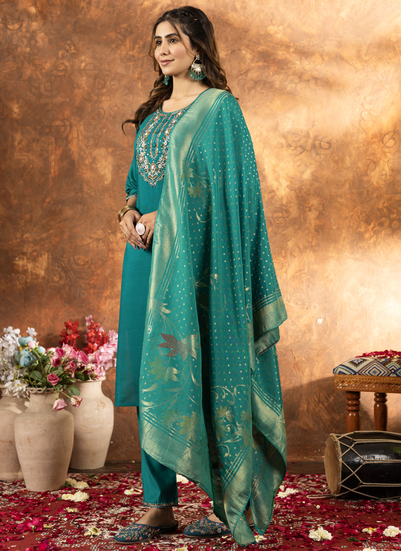 Prazu Fashion Rama Green Marina Silk Thread Embroidered Kurta Set