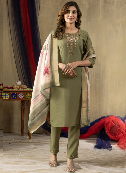 Prazu Fashion Mehendi Shimmer Gold Silk Thread Embroidered Designer Kurta Set