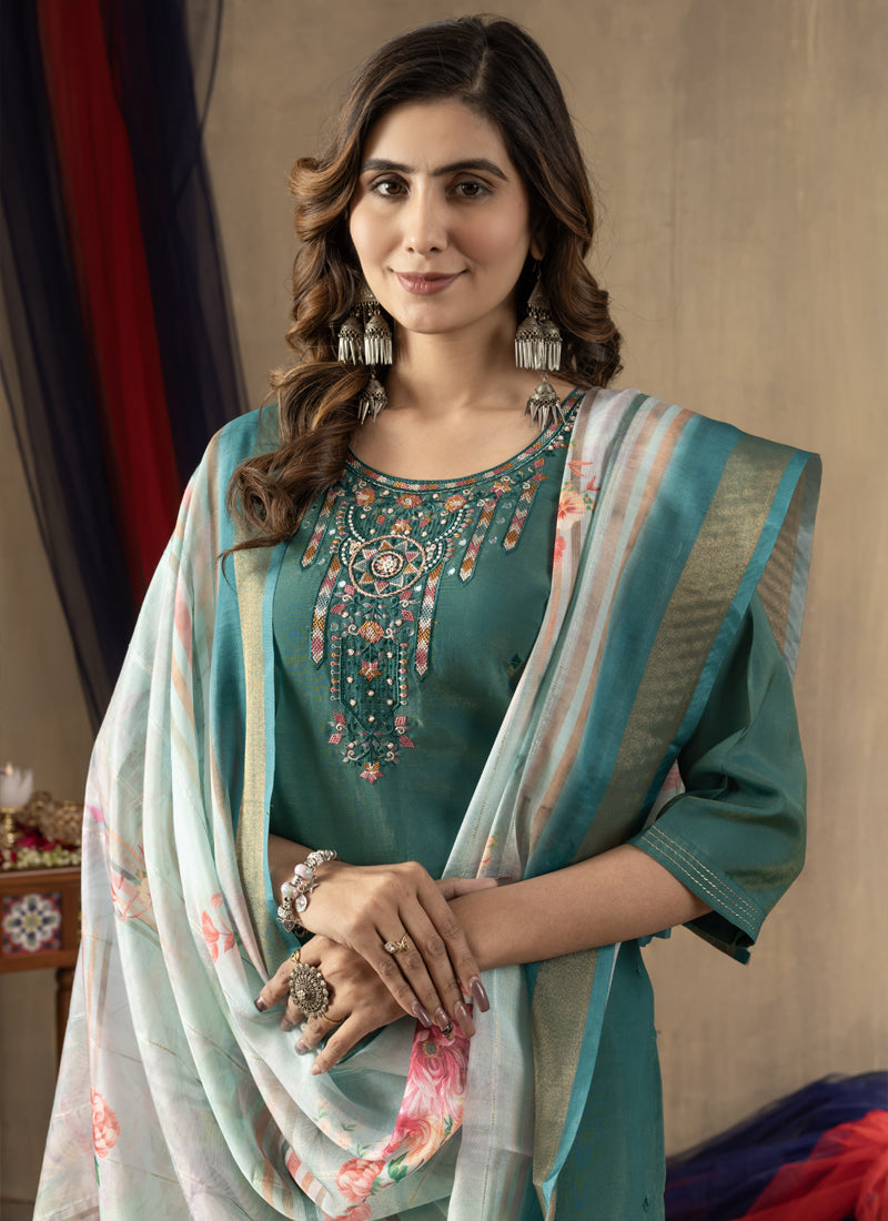 Prazu Fashion Rama Green Shimmer Gold Silk Thread Embroidered Designer Kurta Set