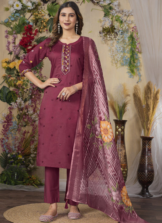 Prazu Fashion Wine Roman Silk Thread Embroidered Designer Kurta Set