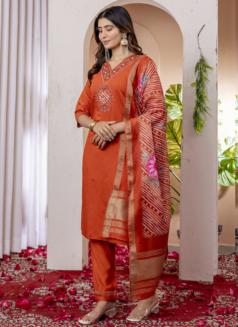 Prazu Fashion Orange Viscose Silk Thread Embroidered Designer Kurta Set