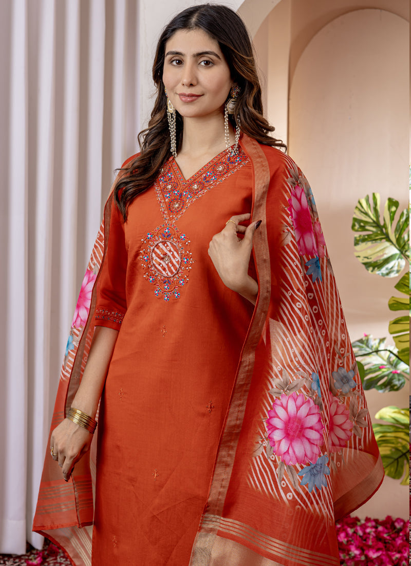 Prazu Fashion Orange Viscose Silk Thread Embroidered Designer Kurta Set
