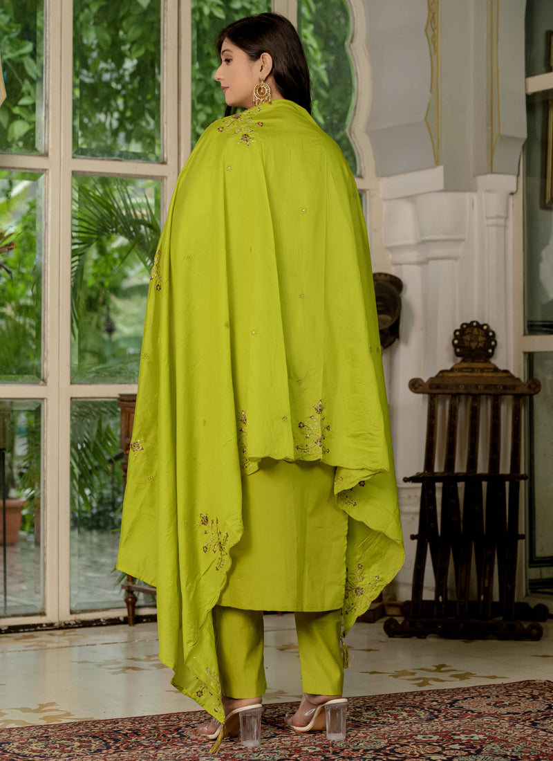 Prazu Fashion Parrot Green Marina Silk Thread Embroidered Designer Kurta Set