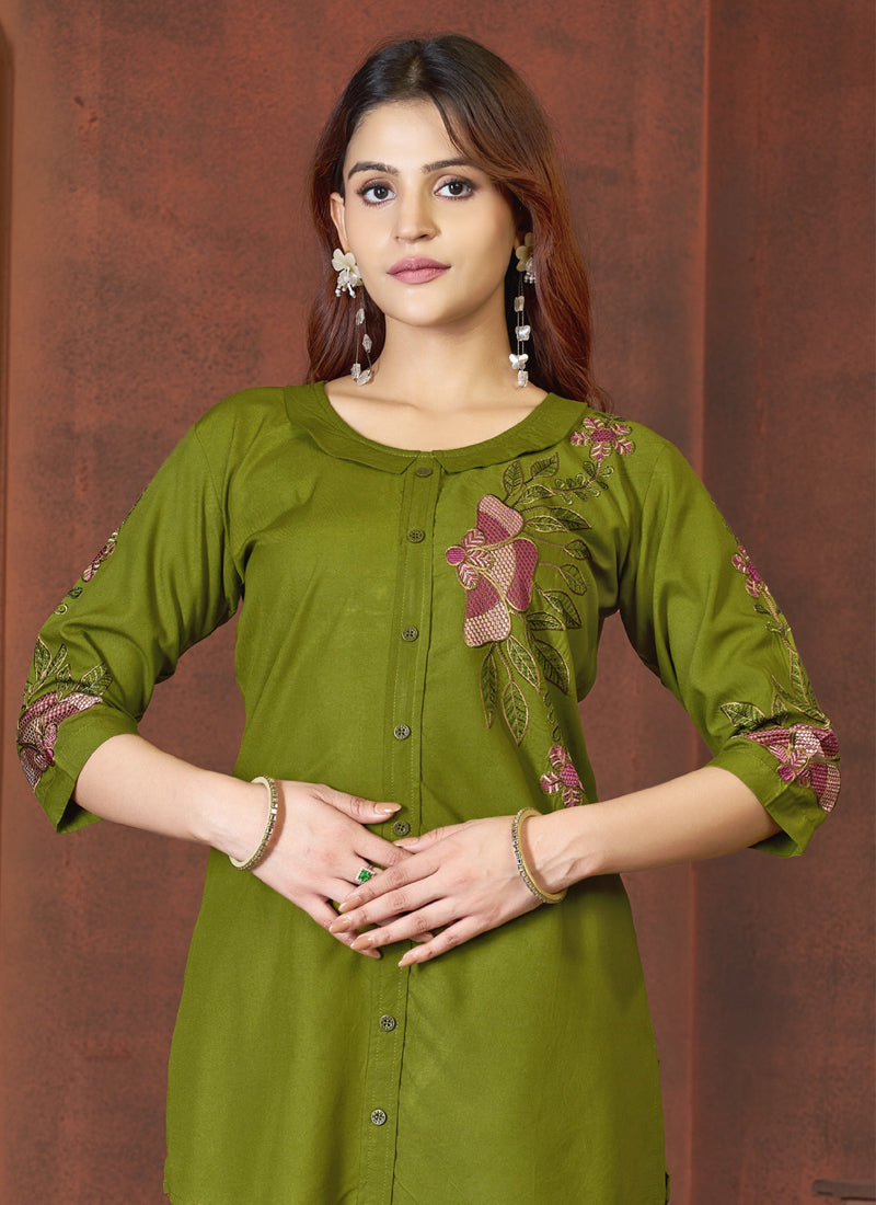 Prazu Fashion Mahendi Rayon Multi Embroidery Thread Work Co-Ords Set 