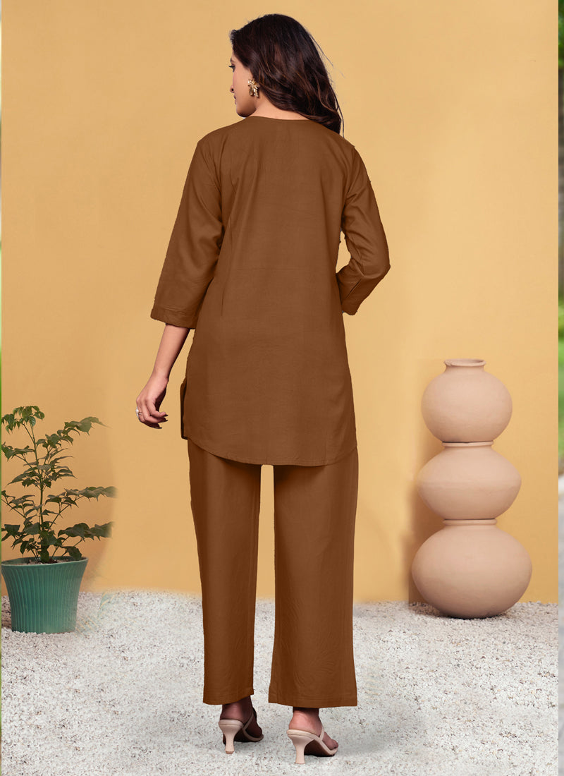 Prazu Fashion Brown Pink Rayon Multi Embroidery Thread Work Co-Ords Set 