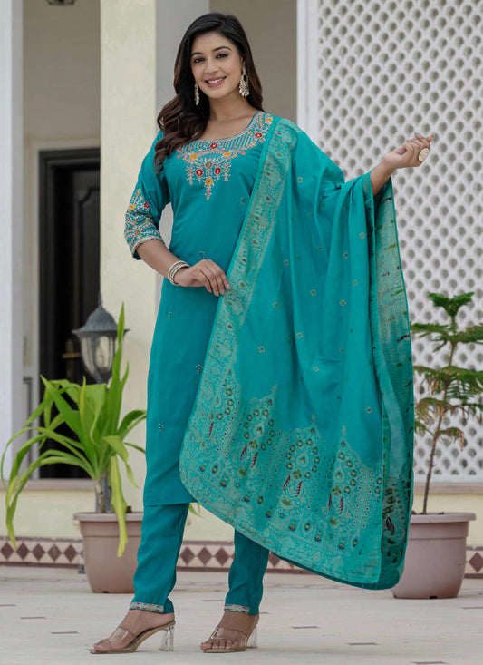 Prazu Fashion Firozi Roman Silk Embroidered Sequence Designer Kurta Set