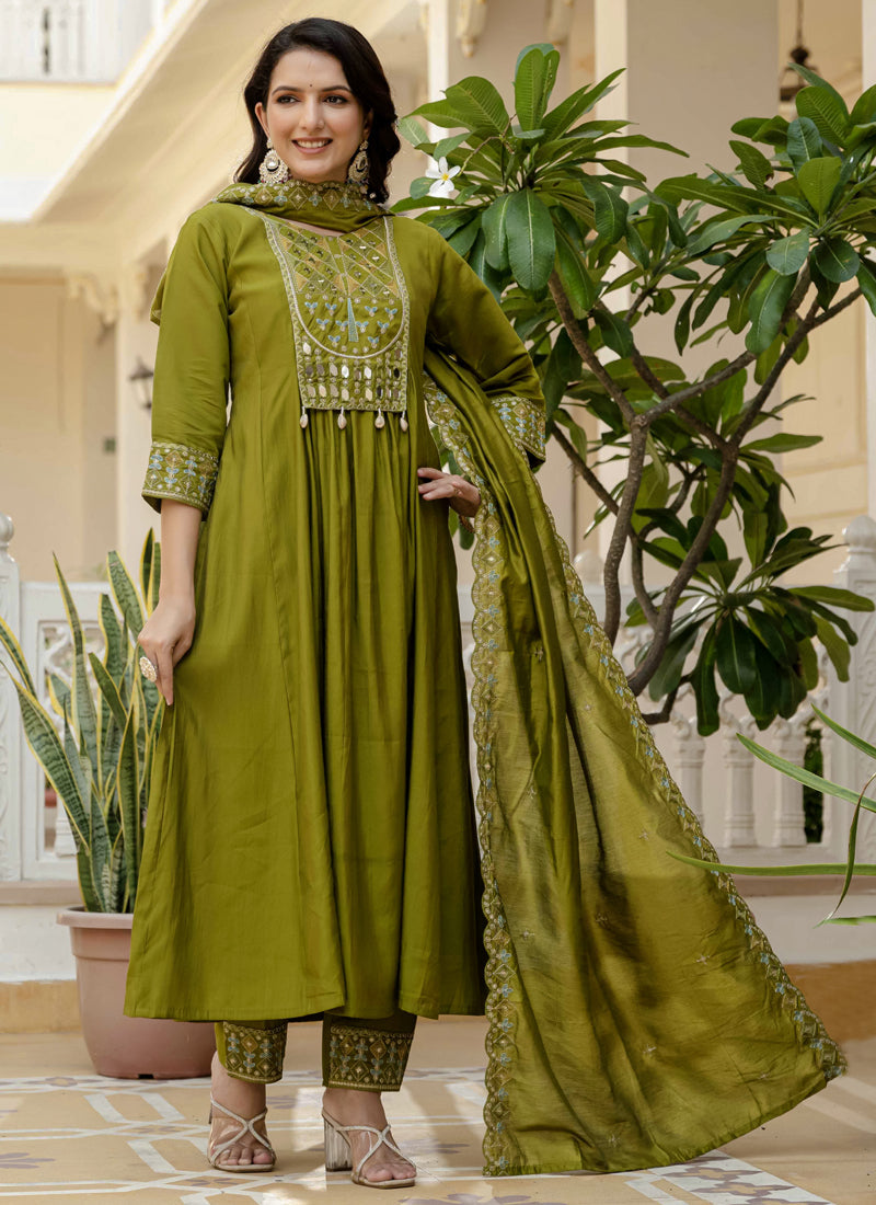 Prazu Fashion Mehendi Viscose Roman Silk Real Mirror Hand Work Kurta Set