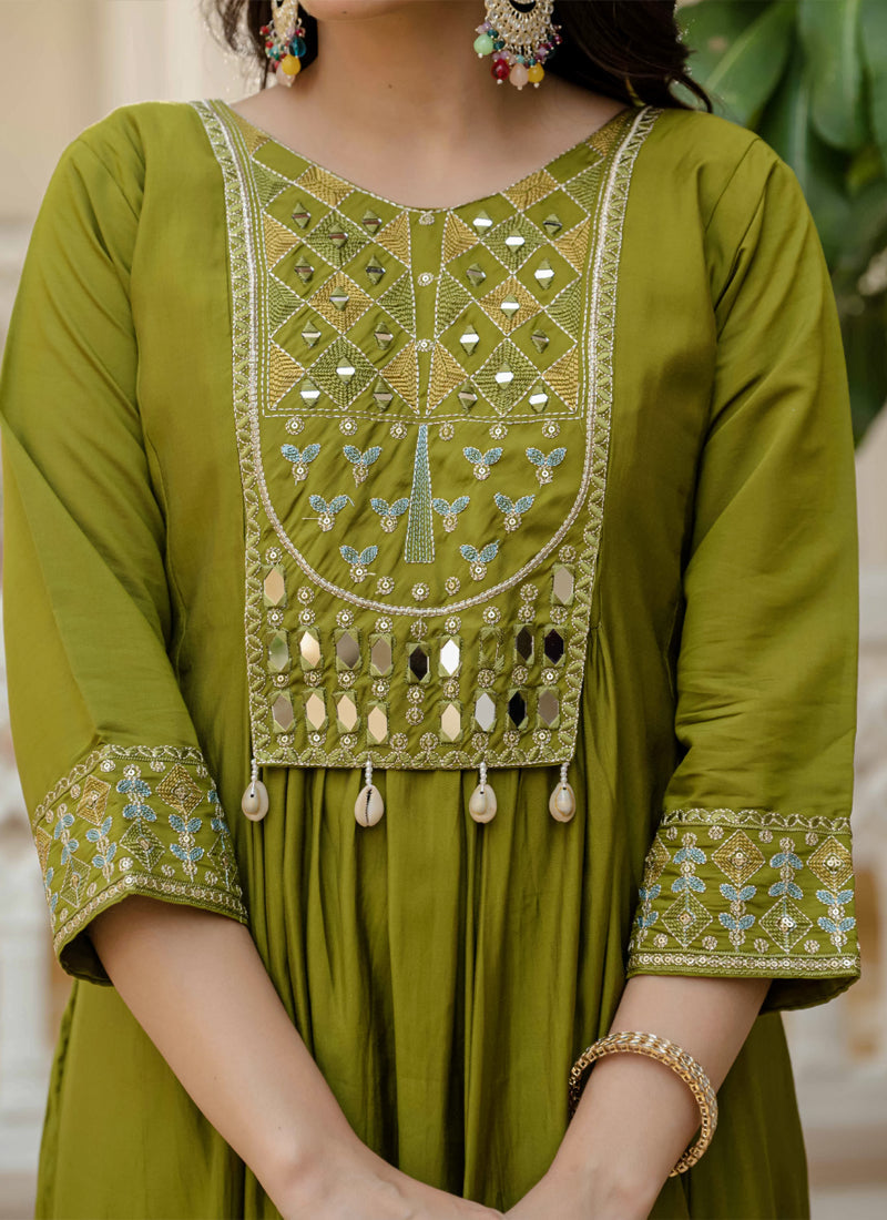 Prazu Fashion Mehendi Viscose Roman Silk Real Mirror Hand Work Kurta Set