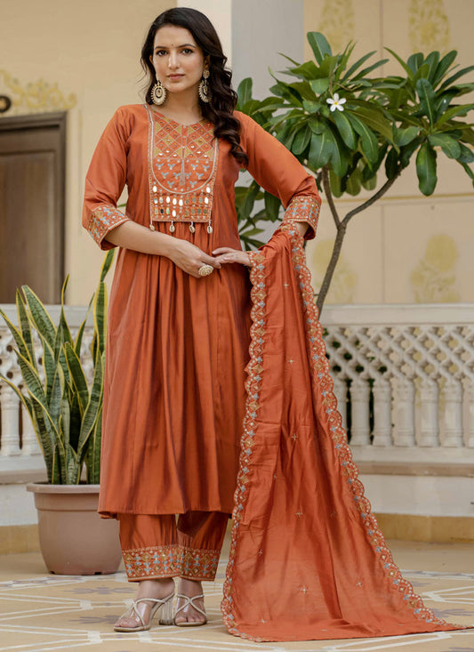 Prazu Fashion Orange Viscose Roman Silk Real Mirror Hand Work Kurta Set