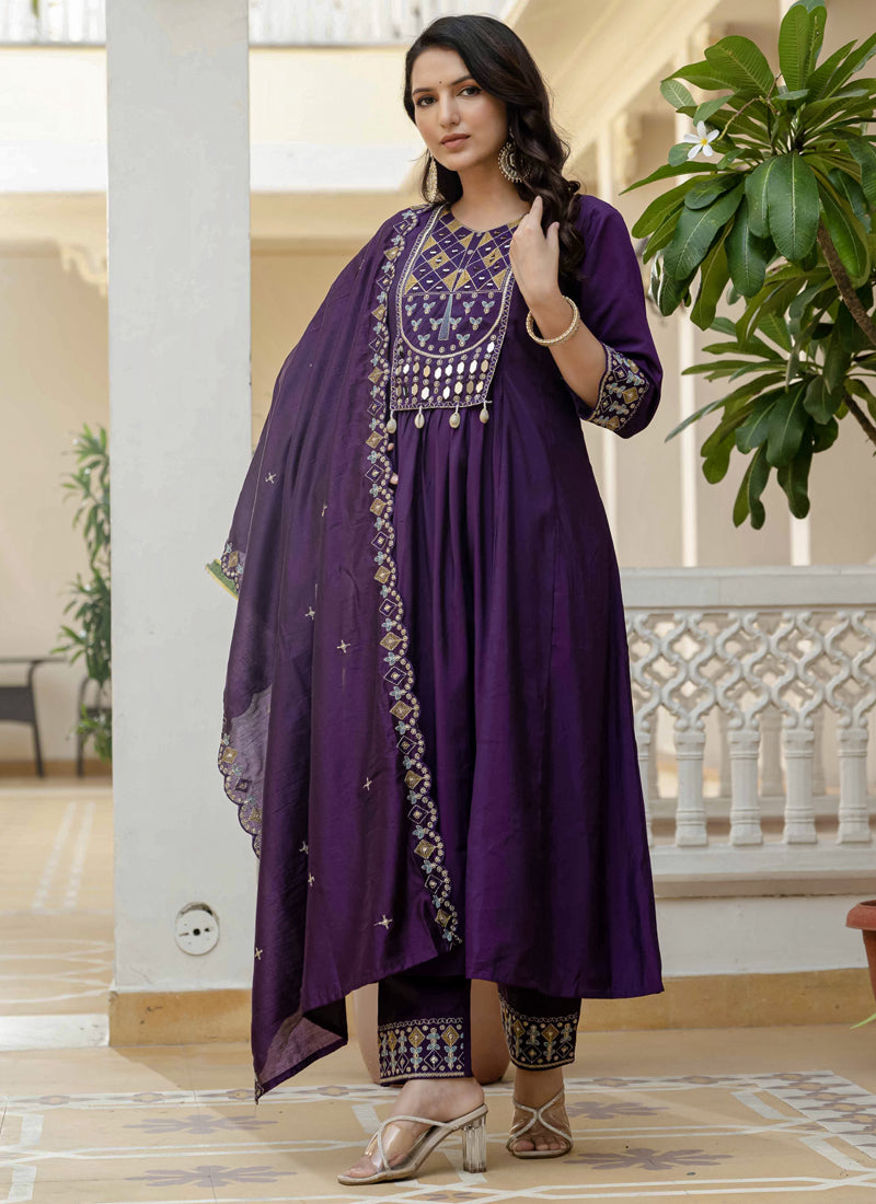 Prazu Fashion Purple Viscose Roman Silk Real Mirror Hand Work Kurta Set