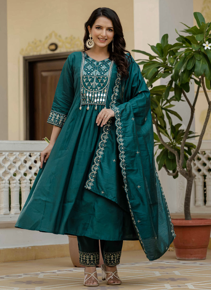 Prazu Fashion Teal Viscose Roman Silk Real Mirror Hand Work Kurta Set