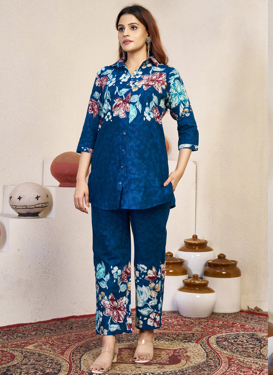 Prazu Fashion Blue Pure Cotton Stylish Prints Co-Ords Set