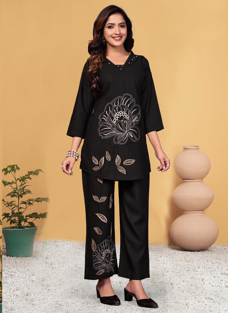Prazu Fashion Black Viscose Rayon Embroidery Thread Work Co-Ords Set 