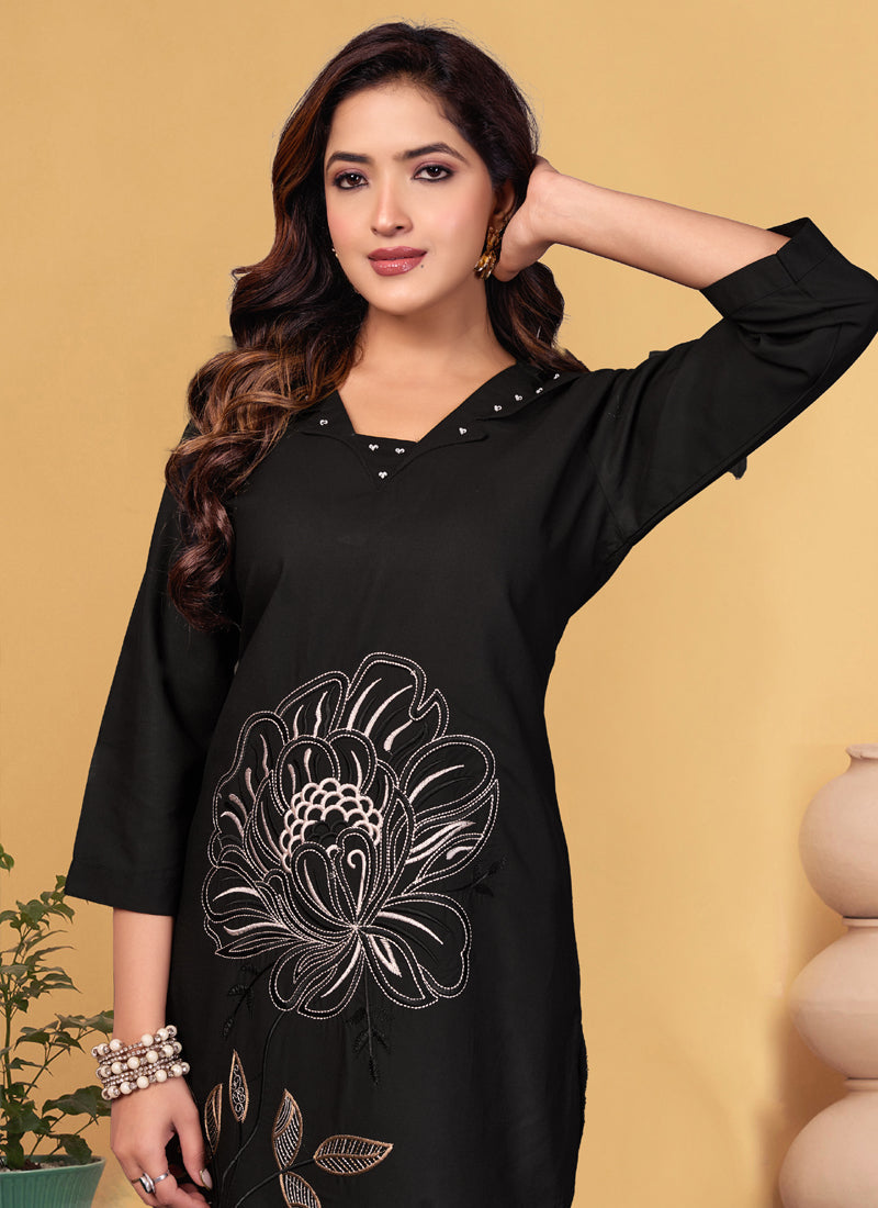 Prazu Fashion Black Viscose Rayon Embroidery Thread Work Co-Ords Set 