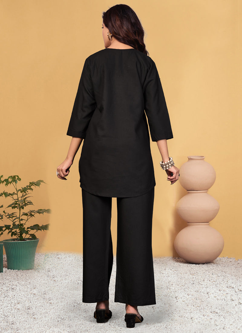 Prazu Fashion Black Viscose Rayon Embroidery Thread Work Co-Ords Set 