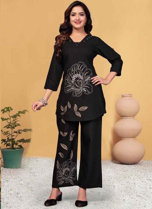Prazu Fashion Black Viscose Rayon Embroidery Thread Work Co-Ords Set 