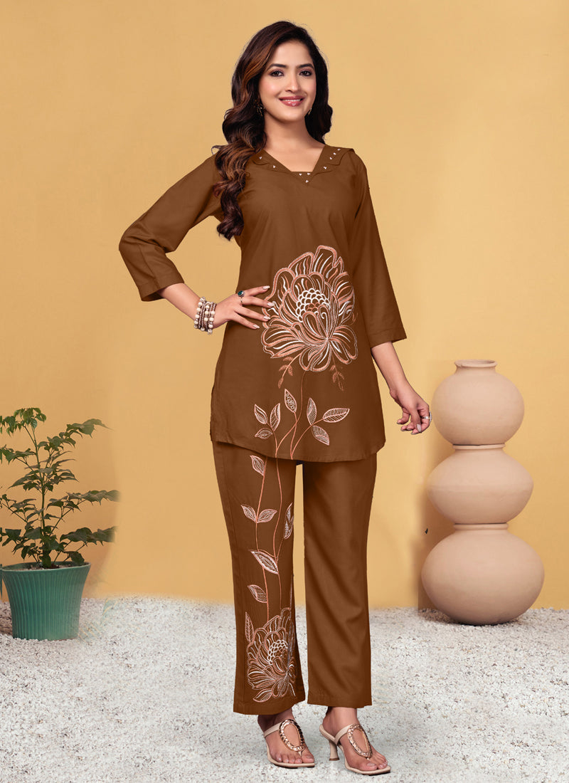 Prazu Fashion Brown Viscose Rayon Embroidery Thread Work Co-Ords Set 