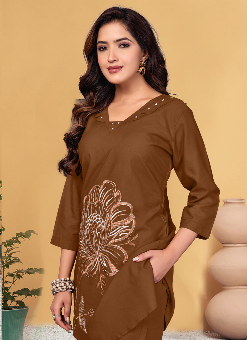 Prazu Fashion Brown Viscose Rayon Embroidery Thread Work Co-Ords Set 