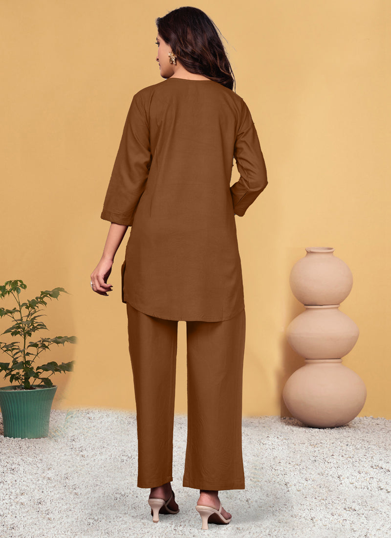 Prazu Fashion Brown Viscose Rayon Embroidery Thread Work Co-Ords Set 