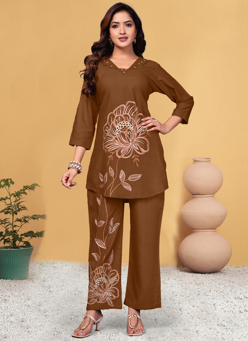Prazu Fashion Brown Viscose Rayon Embroidery Thread Work Co-Ords Set 