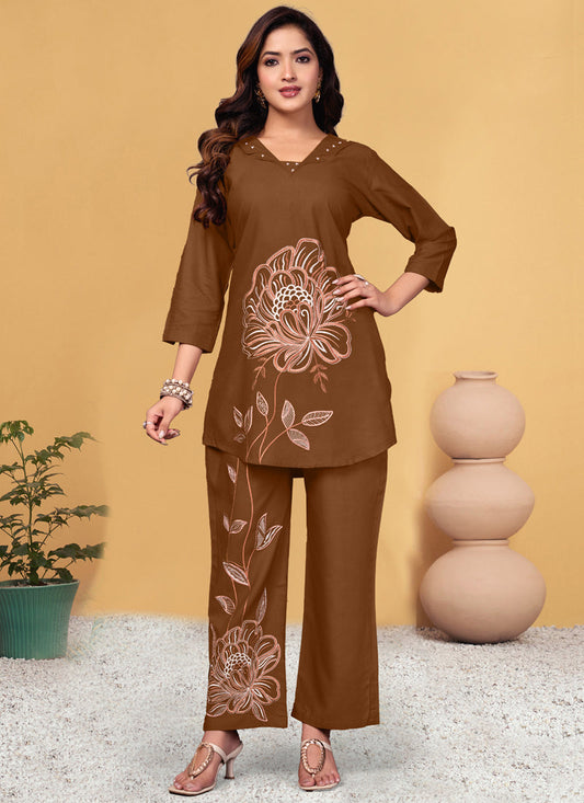 Prazu Fashion Brown Viscose Rayon Embroidery Thread Work Co-Ords Set 
